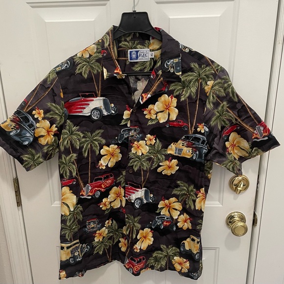 RJC HAWAIIAN SHIRT - HOT RODS-PALM TREES-FLOWERS-XL-LIKE NEW-100 % COTTON - Picture 1 of 3